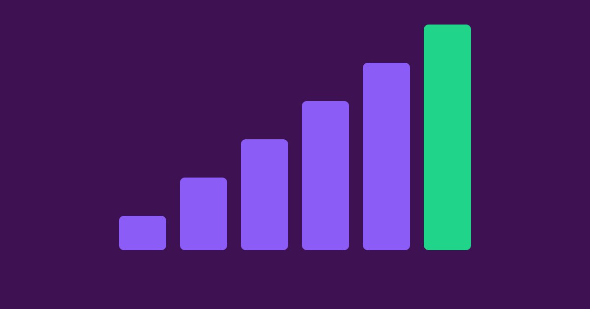 Seis barras que sobem da esquerda para a direita sobre fundo roxo escuro, com a última em verde, sugerindo um perfil que cresce passo a passo