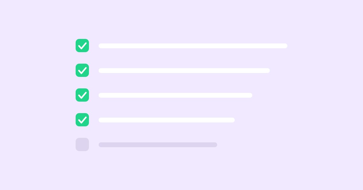 Ilustração de uma lista de cinco itens, quatro deles marcados com um sinal de conferido e o último ainda vazio