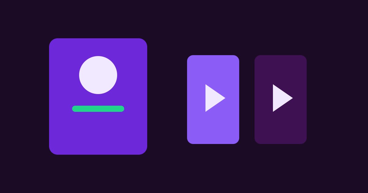Ilustração abstrata com um cartão de perfil à esquerda e dois cartões de vídeo à direita, distinguindo seguidores de curtidas e visualizações no TikTok