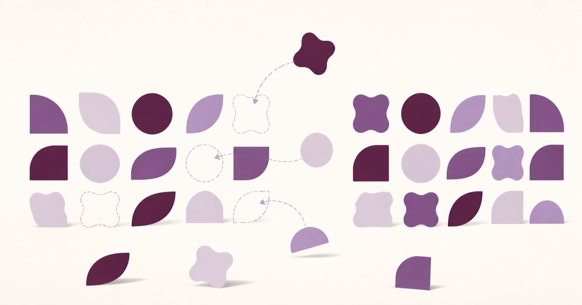 Ilustração de formas que caem e outras que reentram no lugar delas, sugerindo recomposição